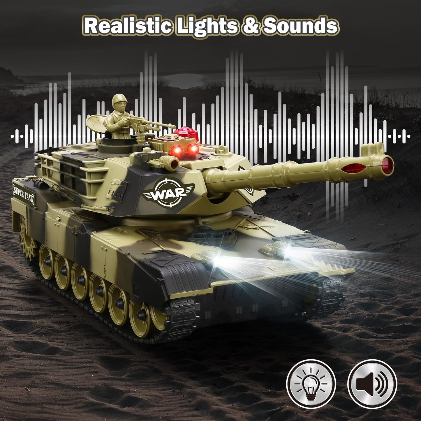 1:28 RC Army Tank Toy with Soldiers, Batteries, Turret, Sound